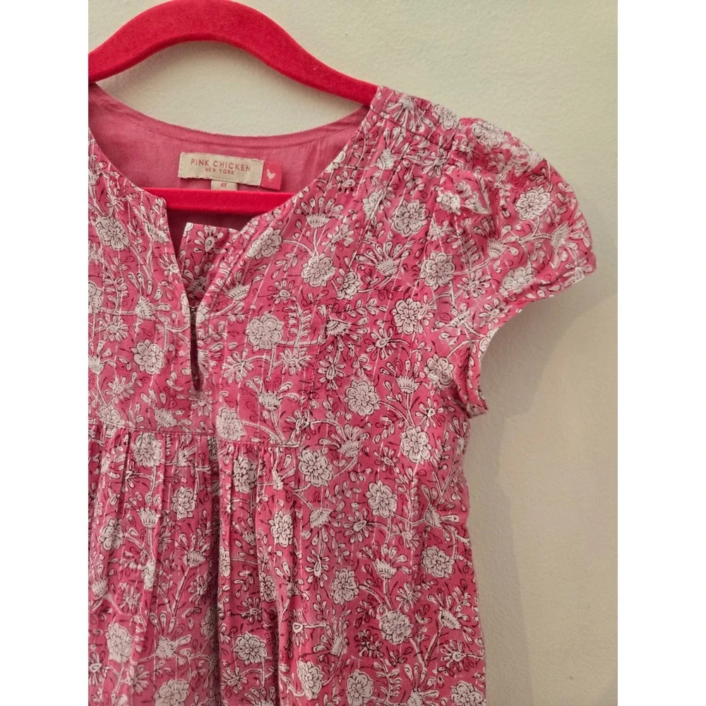 Pink Chicken NY Girls Pink Floral Block Print Metallic Tiered Dress 4Y